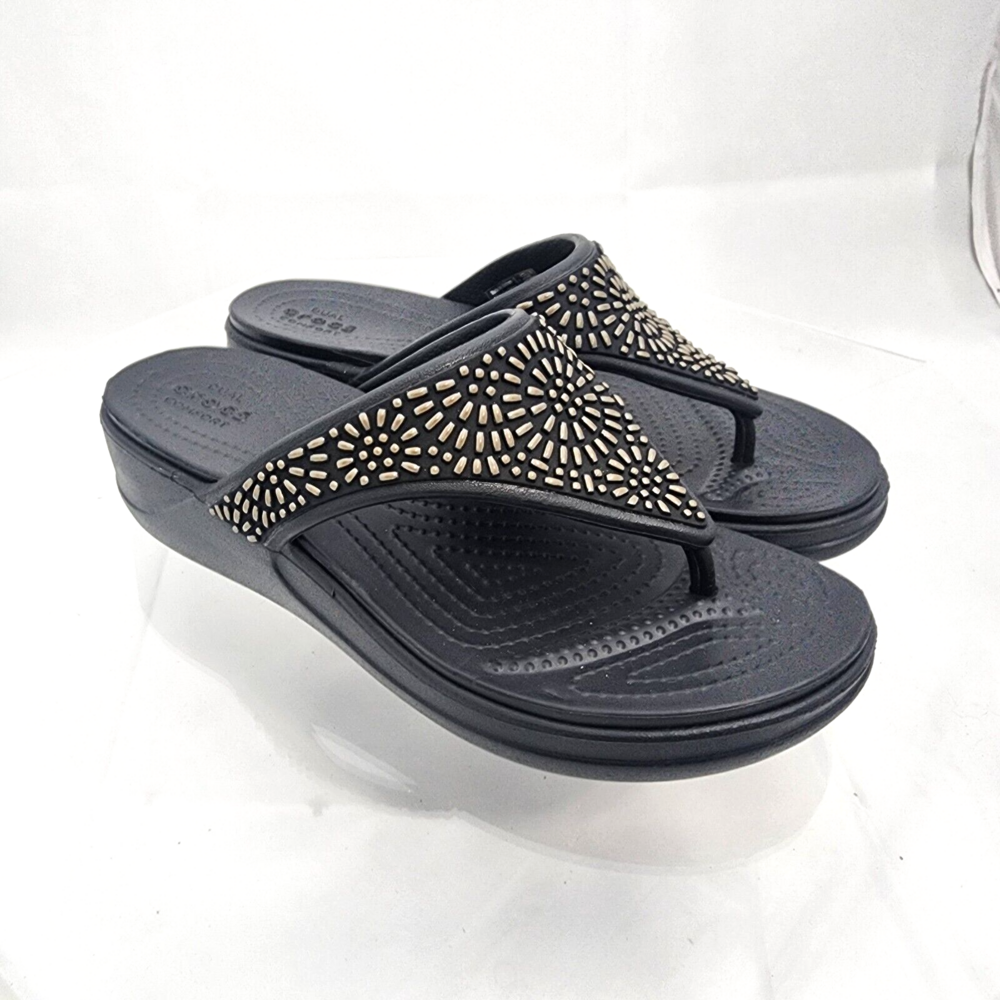 Crocs Monterey Diamante Black/Bronze 6 Thong Wedge Flip Flops Sandal Embellished